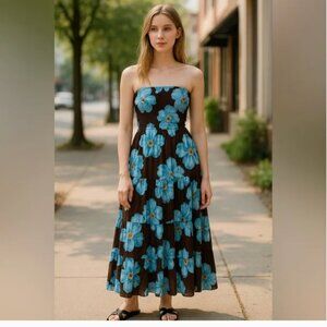 NWT Abel The Label X Anthropologie Strapless Floral Smocked Dress Brown Teal M